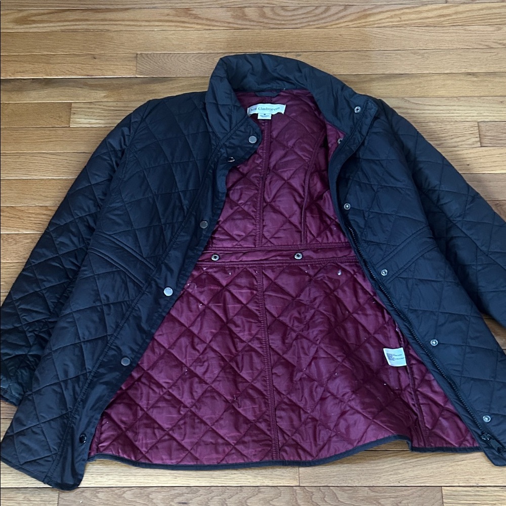 Liz Claiborne Quilted Black Jacket with Burgundy Lining
